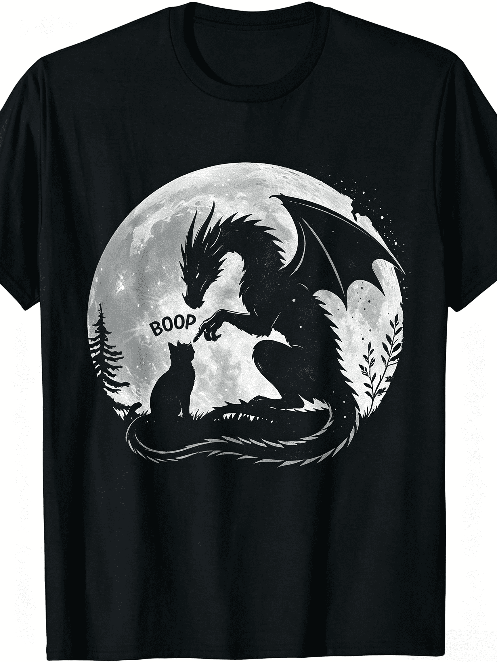 Dragon Boop Cat Under Full Moon Funny Cute Fantasy Night Funny Crew Neck Tee with Stylish Print Casual