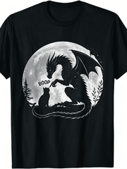 Dragon Boop Cat Under Full Moon Funny Cute Fantasy Night Funny Crew Neck Tee with Stylish Print Casual