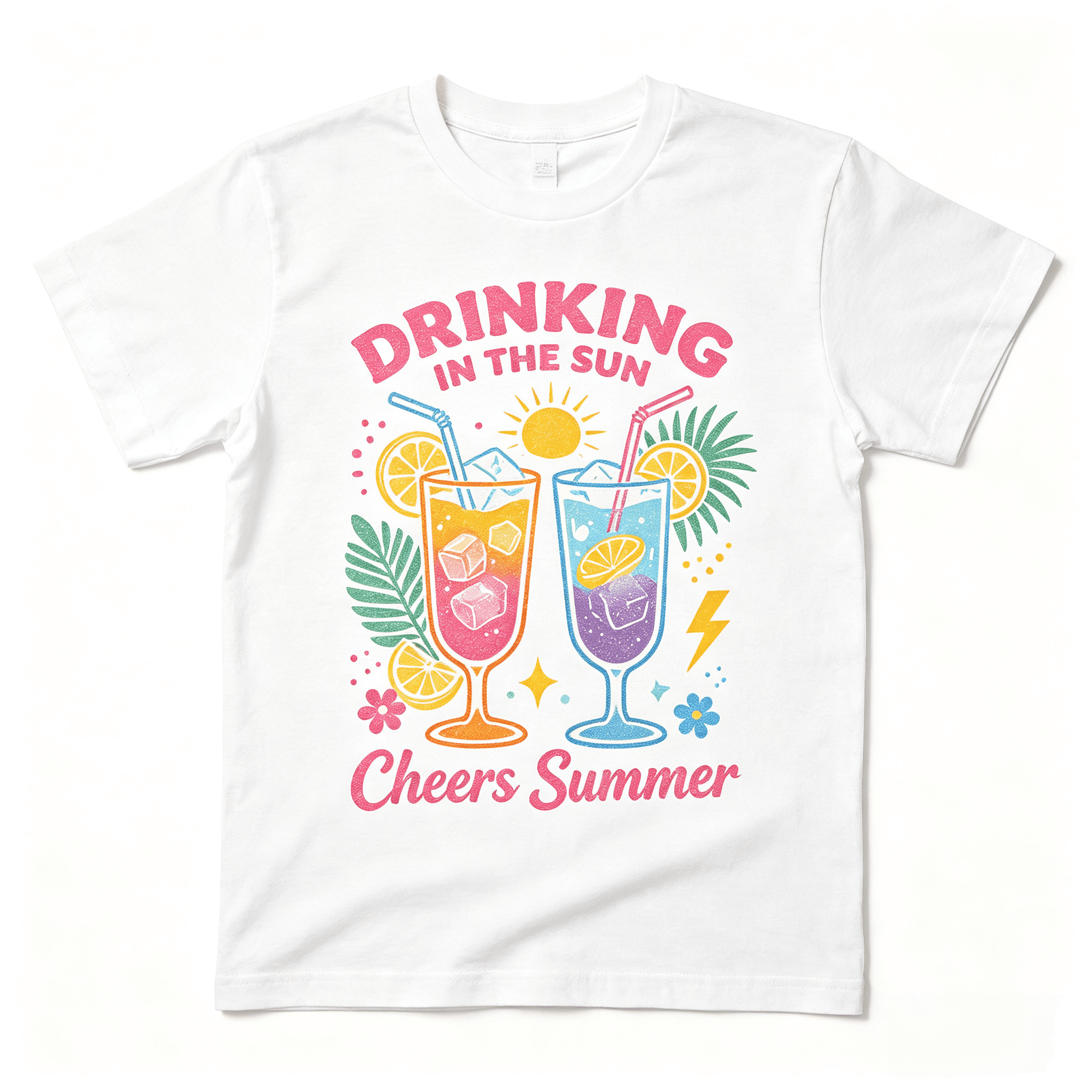 Drinking In The Sun Summer Graphic T‑Shirt, Cheers Summer Tropical Fruit Drink Beach Casual Short Sleeve Tee for Women