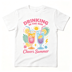 Drinking In The Sun Summer Graphic T‑Shirt, Cheers Summer Tropical Fruit Drink Beach Casual Short Sleeve Tee for Women