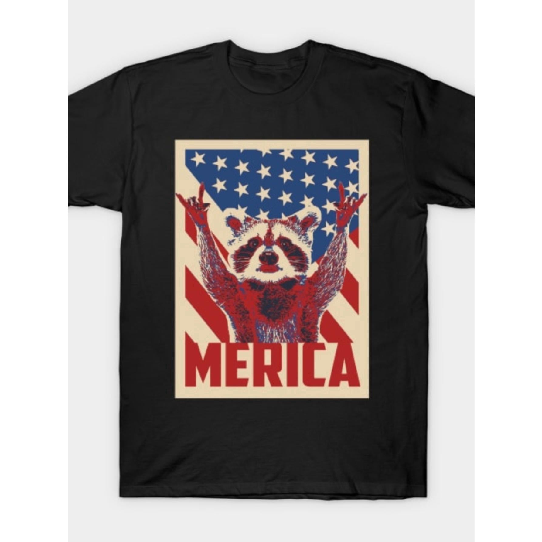 Drop shoulder t-shirt Funny raccoon July 4th T-shirt