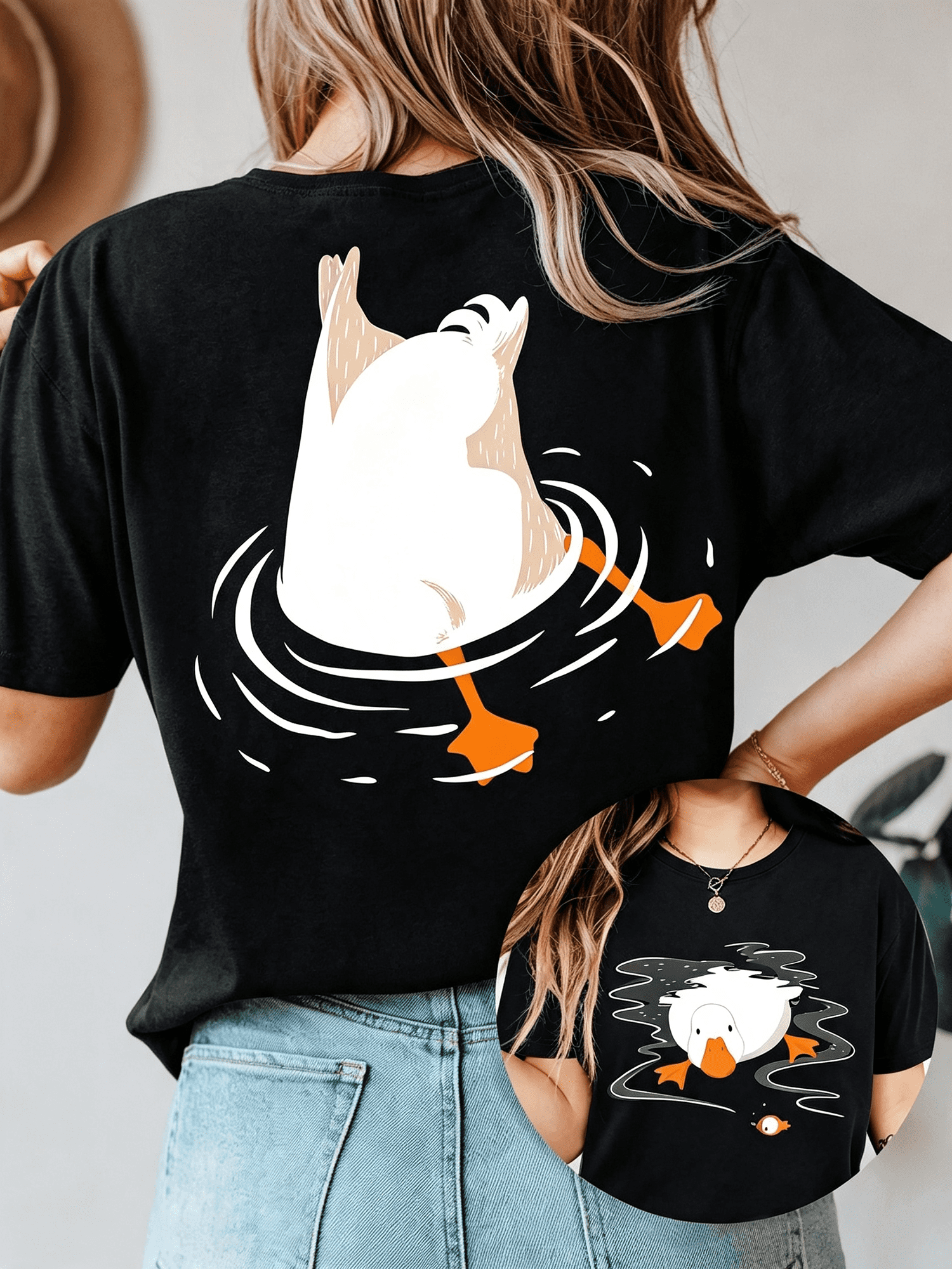 Duck Graphic Double Sided Print T‑Shirt for Women, Casual Crewneck Short Sleeve Tee, Cute Funny Duck Animal