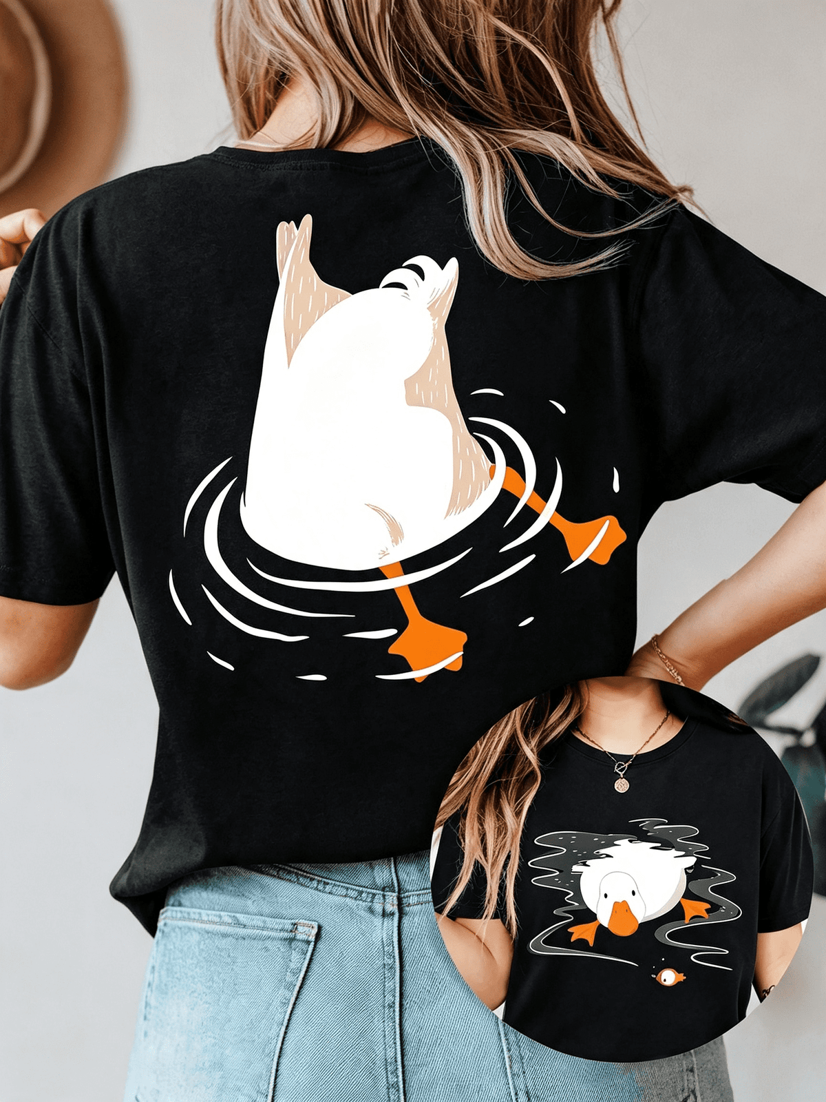 Duck Graphic Double Sided Print T‑Shirt for Women, Casual Crewneck Short Sleeve Tee, Cute Funny Duck Animal