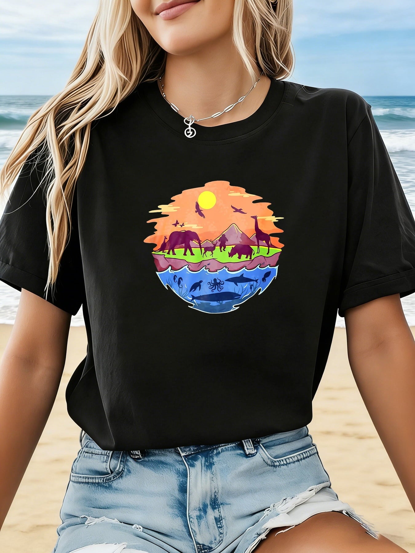 Earth'S Ecological Animals Graphic Print Women'S T-Shirt, Short Sleeve Crew Neck Casual Top, Women'S Clothing
