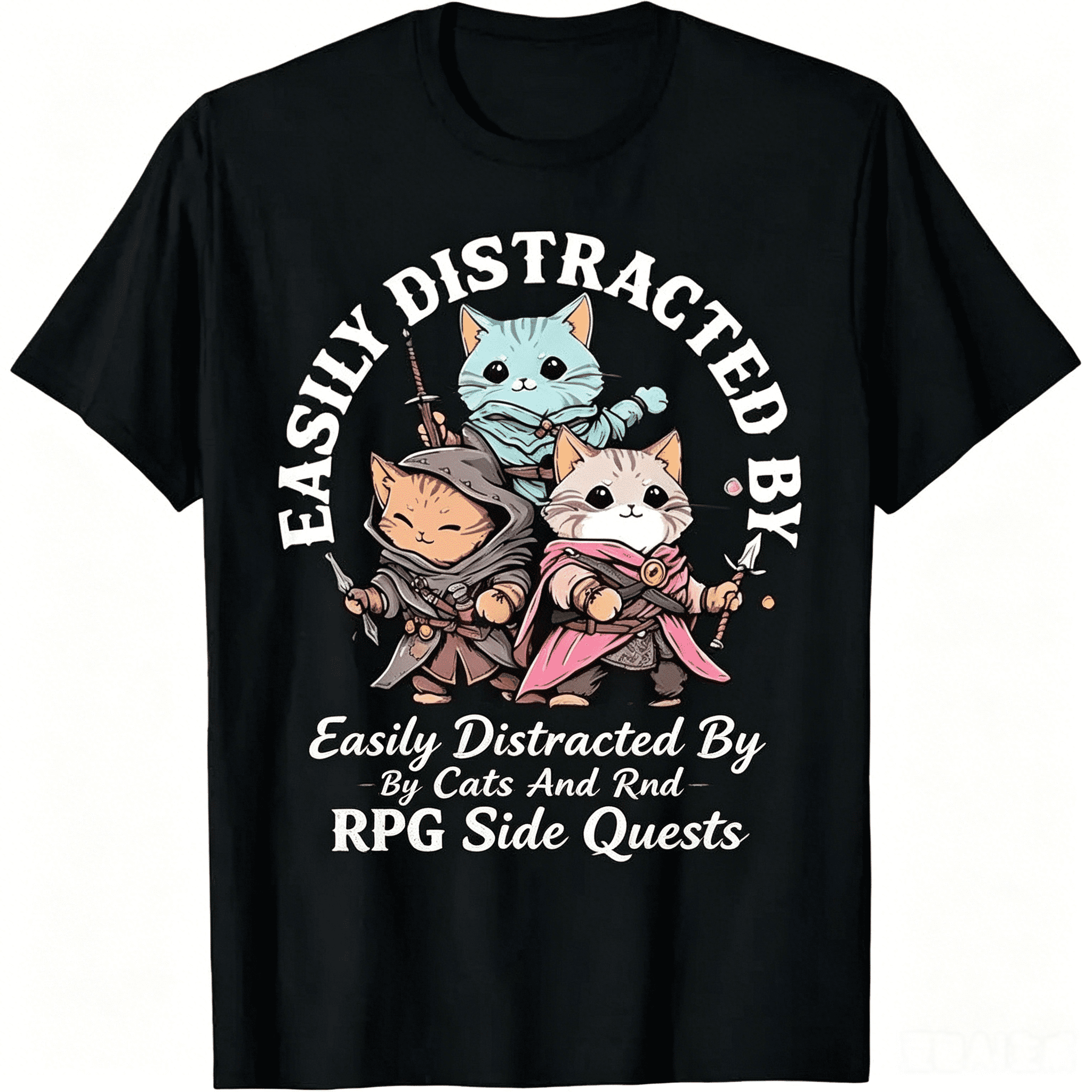 Easily Distracted By Cats and Side Quests T-Shirt Funny RPG Gamer Graphic Tee
