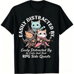 Easily Distracted By Cats and Side Quests T-Shirt Funny RPG Gamer Graphic Tee