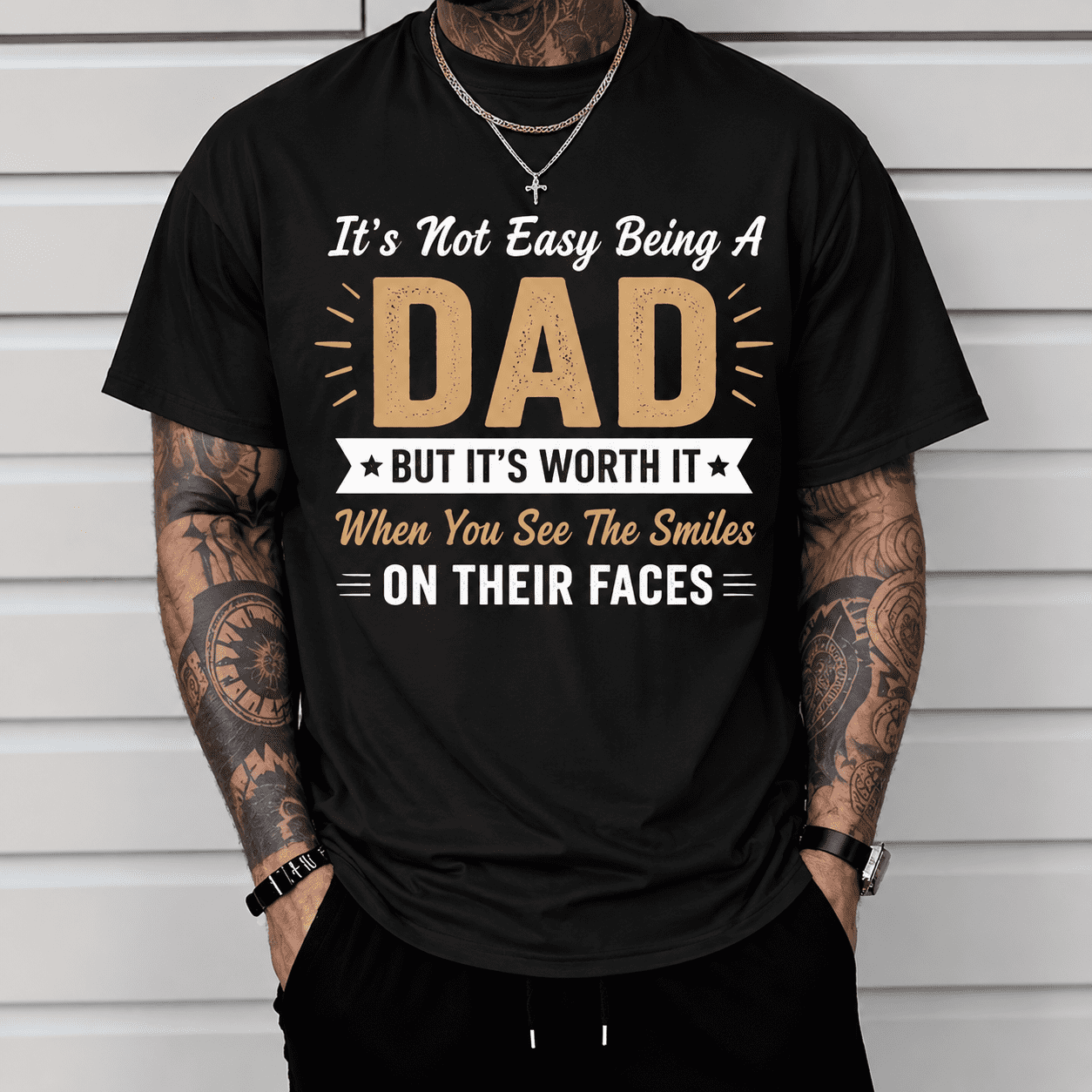 It's Not Easy Being a dad But it's worth it,Dad Graphic T-Shirt for Men, Inspirational Father Quote Tee, Funny Dad Gift Shirt, Casual Short Sleeve Father's Day Tee