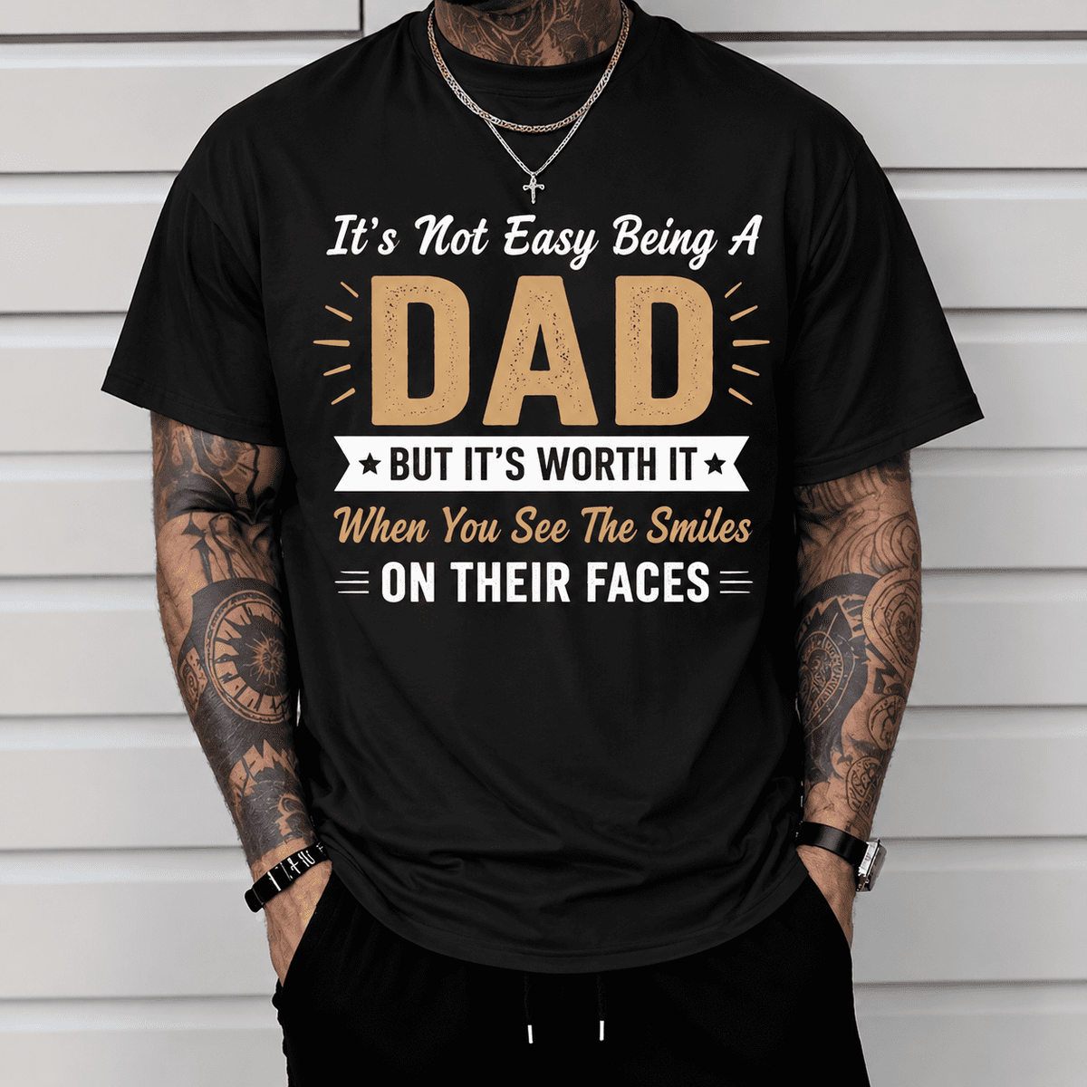 It's Not Easy Being a dad But it's worth it,Dad Graphic T-Shirt for Men, Inspirational Father Quote Tee, Funny Dad Gift Shirt, Casual Short Sleeve Father's Day Tee