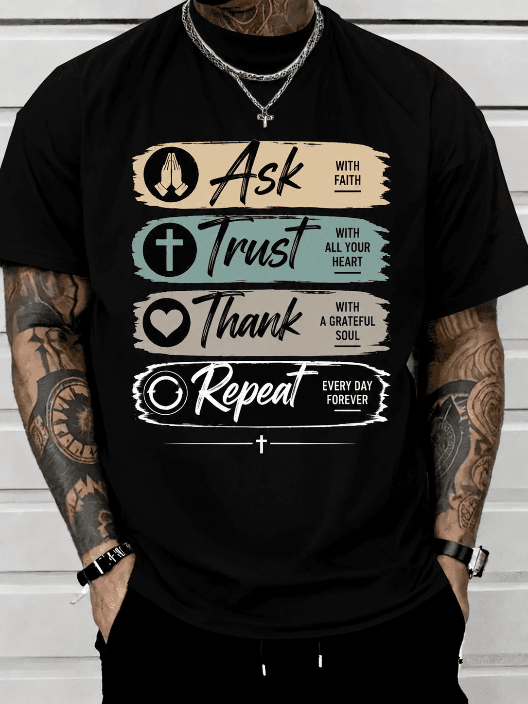 Faith Based Inspirational T-Shirt for Men – Ask, Trust, Thank, Repeat Christian Graphic Tee