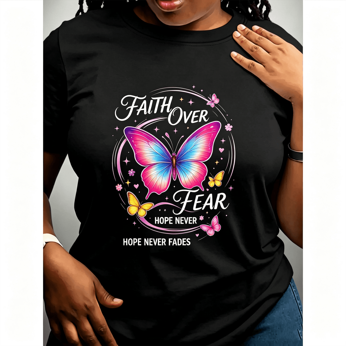 Faith Over Fear Hope Never Fades Women T‑Shirt, Colorful Butterfly Graphic Tee, Inspirational Faith Positive Quote Short‑Sleeve Top, Casual Crew Neck Summer Daily Wear Gift for Ladies