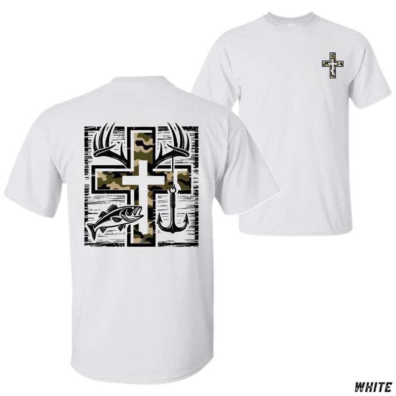 Faith Fishing Hunting T-Shirt – Camo Cross with Hook , Antlers and Bass Graphic , Outdoor Southern Style for Believers , Unisex T-Shirt , Perfect for Hunters and Anglers