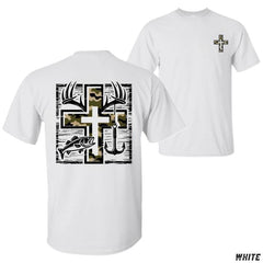 Faith Fishing Hunting T-Shirt – Camo Cross with Hook , Antlers and Bass Graphic , Outdoor Southern Style for Believers , Unisex T-Shirt , Perfect for Hunters and Anglers