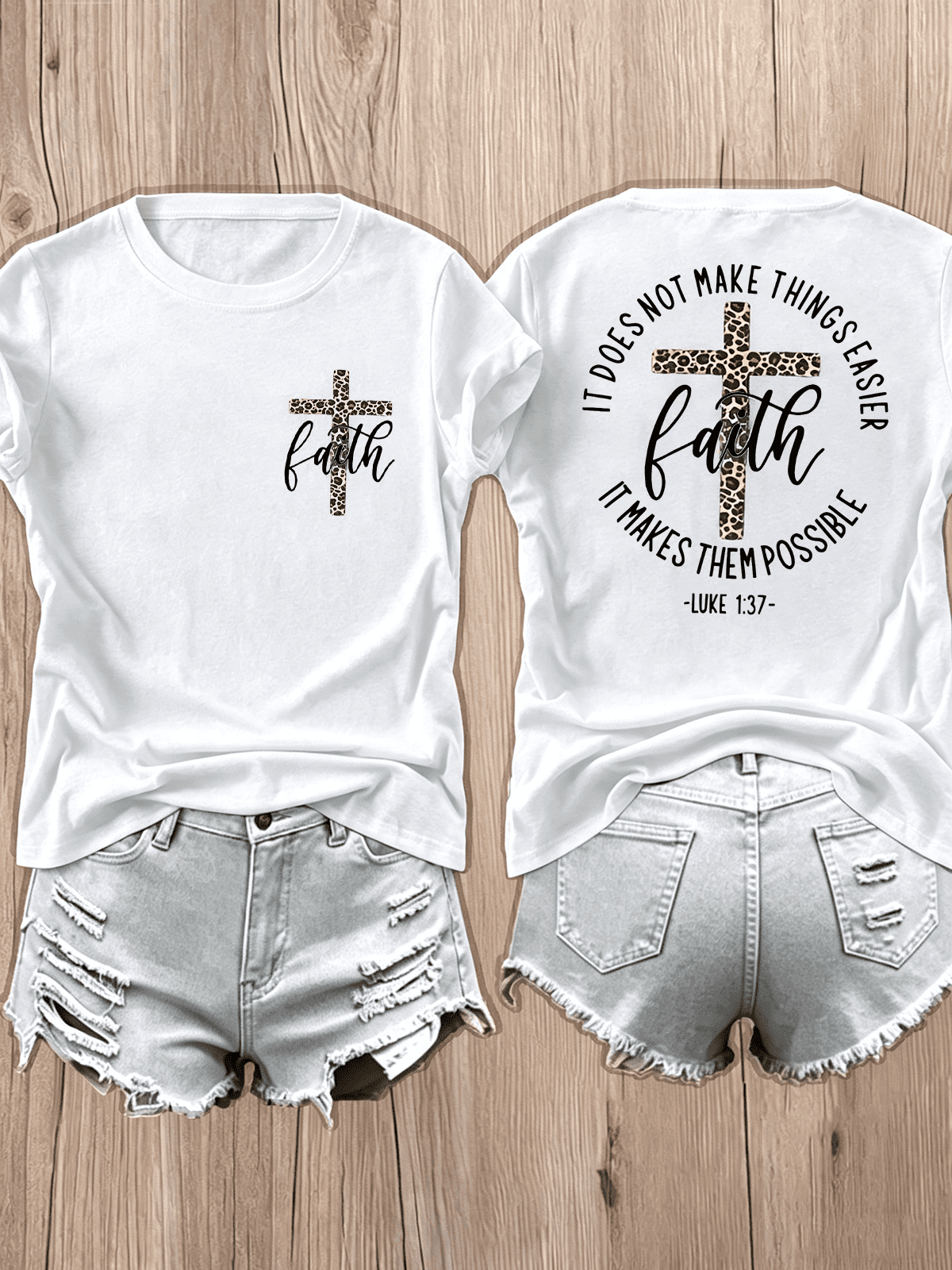 Faith Leopard Cross Double‑Sided Print T‑Shirt for Women, Luke 137 Inspirational Christian Casual Crewneck Tee
