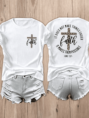 Faith Leopard Cross Double‑Sided Print T‑Shirt for Women, Luke 137 Inspirational Christian Casual Crewneck Tee