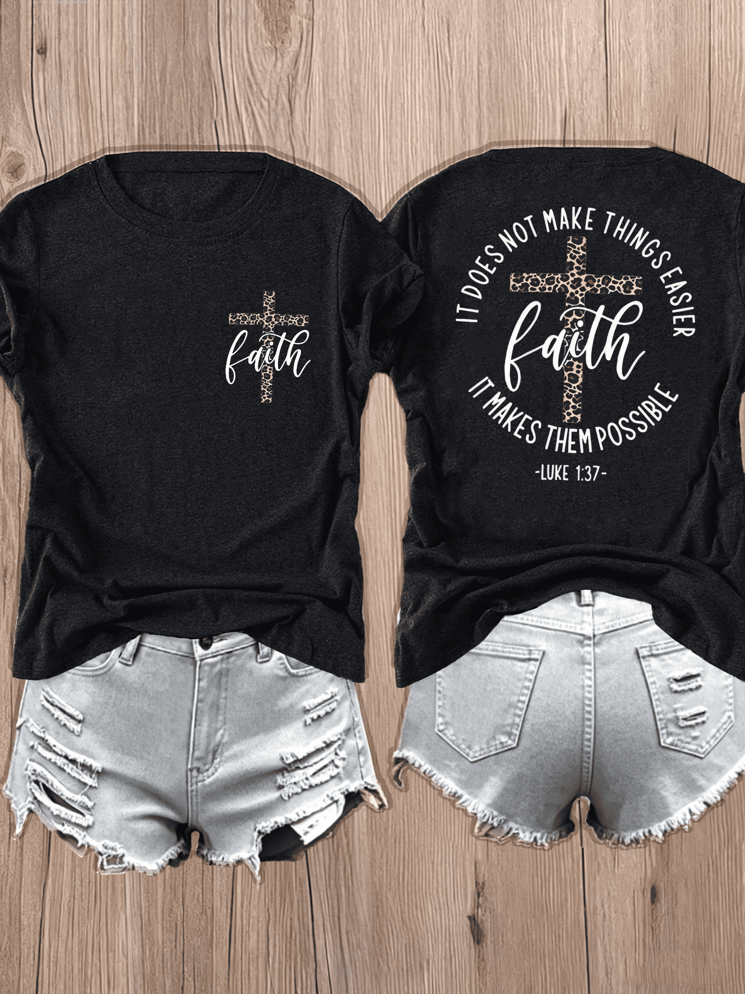 Faith Leopard Cross Double‑Sided Print T‑Shirt for Women, Luke 137 Inspirational Christian Casual Crewneck Tee