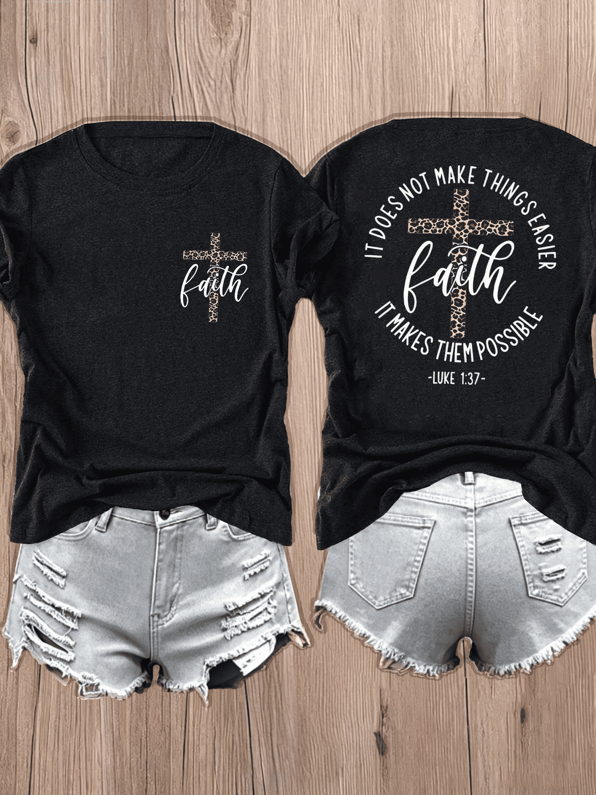 Faith Leopard Cross Double‑Sided Print T‑Shirt for Women, Luke 137 Inspirational Christian Casual Crewneck Tee