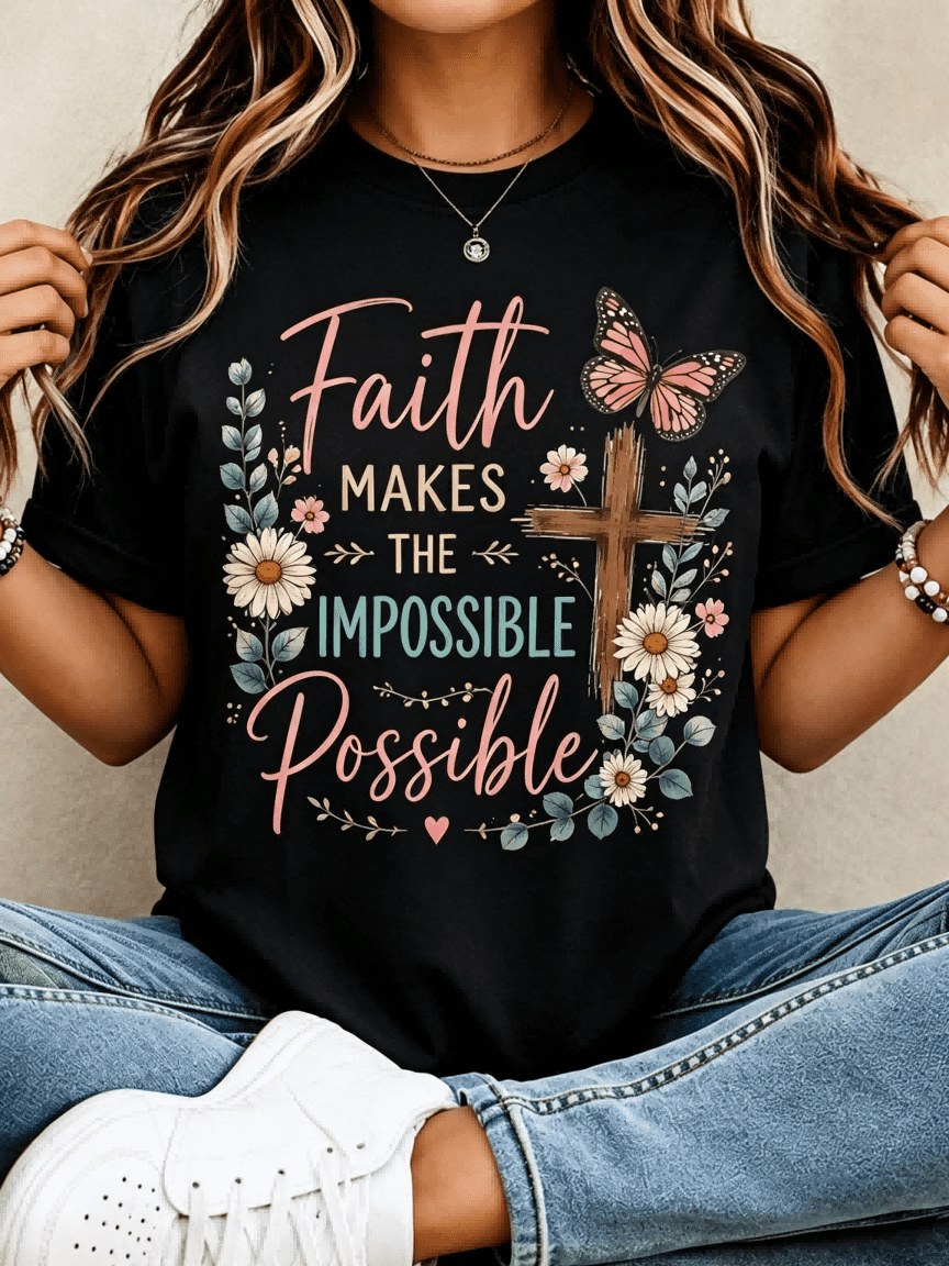 Faith Makes the Impossible Possible Christian Graphic T-Shirt for Women, Inspirational Floral Cross Crew Neck Casual Tee