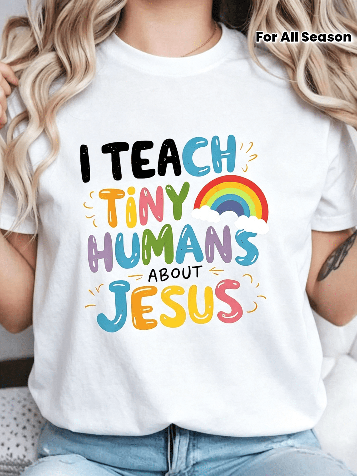 Faith Teacher Graphic T‑Shirt for Women, Casual Crewneck Short Sleeve Tee, Colorful Rainbow Inspirational Quote Everyday Tops