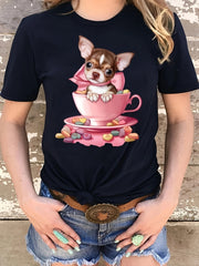 Fashion Short Sleeve T-Shirt for Women, Round Neck Cute Dog Print Short Sleeve T-Shirt