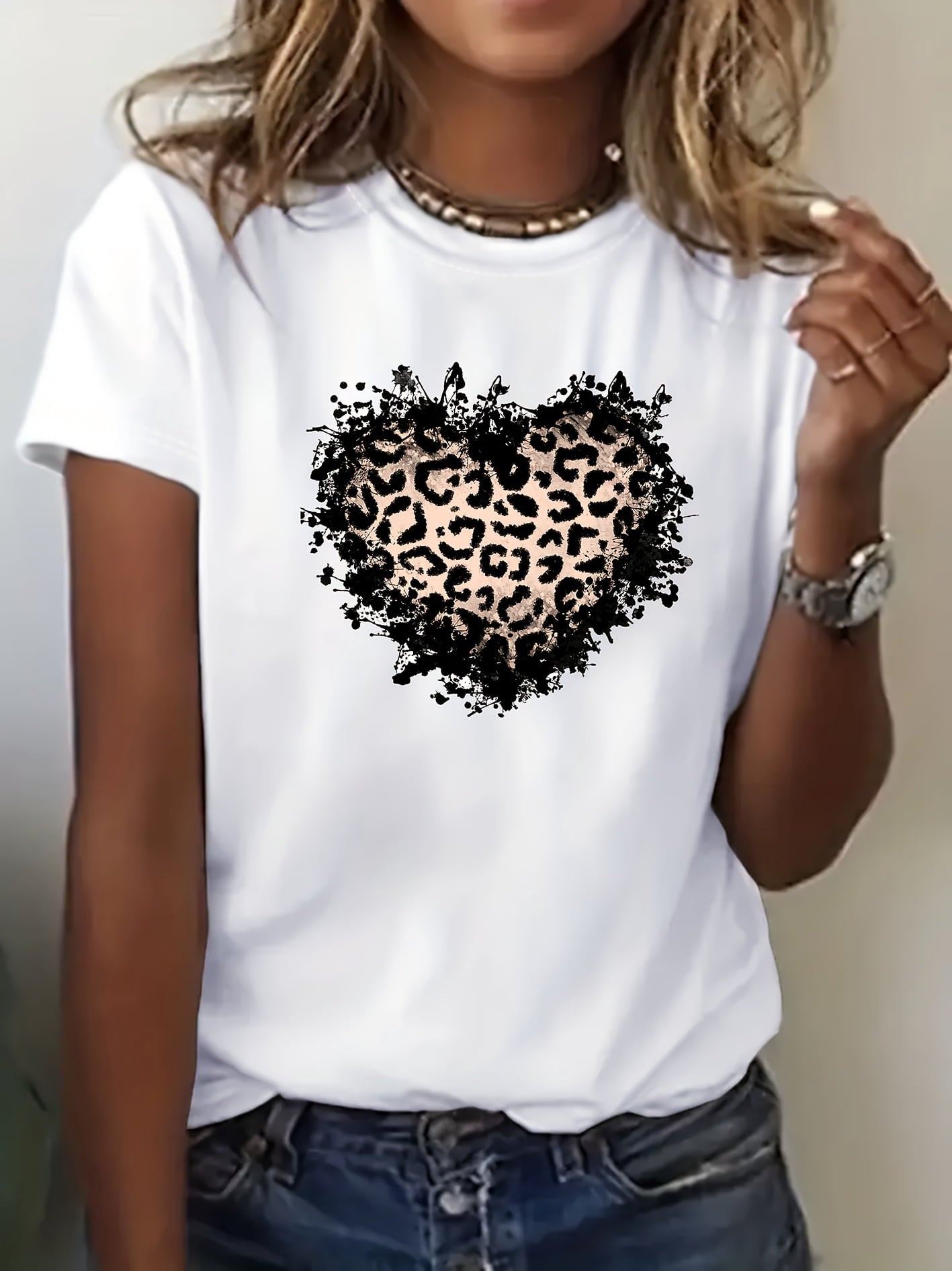 Fashion Spotted Heart Print Pattern Casual Round Neck Women'S Spring Summer Short Sleeve T-Shirt Top