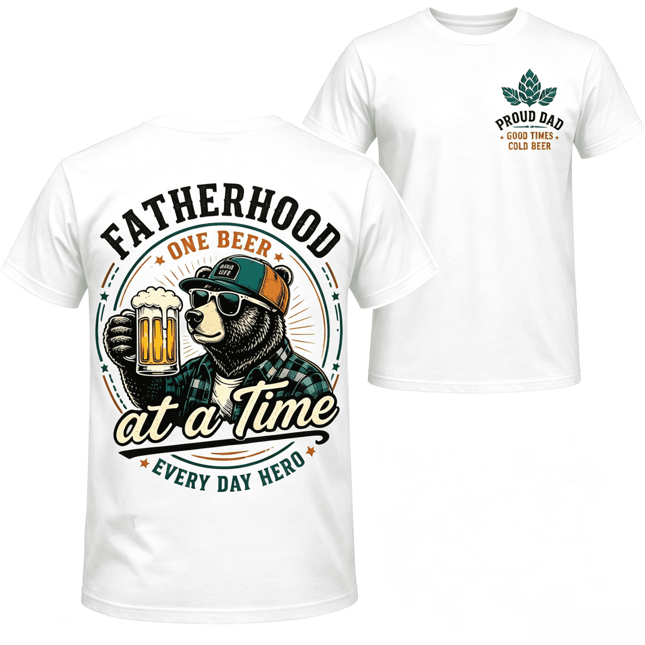 Fatherhood One Beer At A Time Cool Bear Beer Graphic T-Shirt Men Front Back Print Proud Dad Hops Vintage Retro Father’s Day Casual Short Sleeve Tee