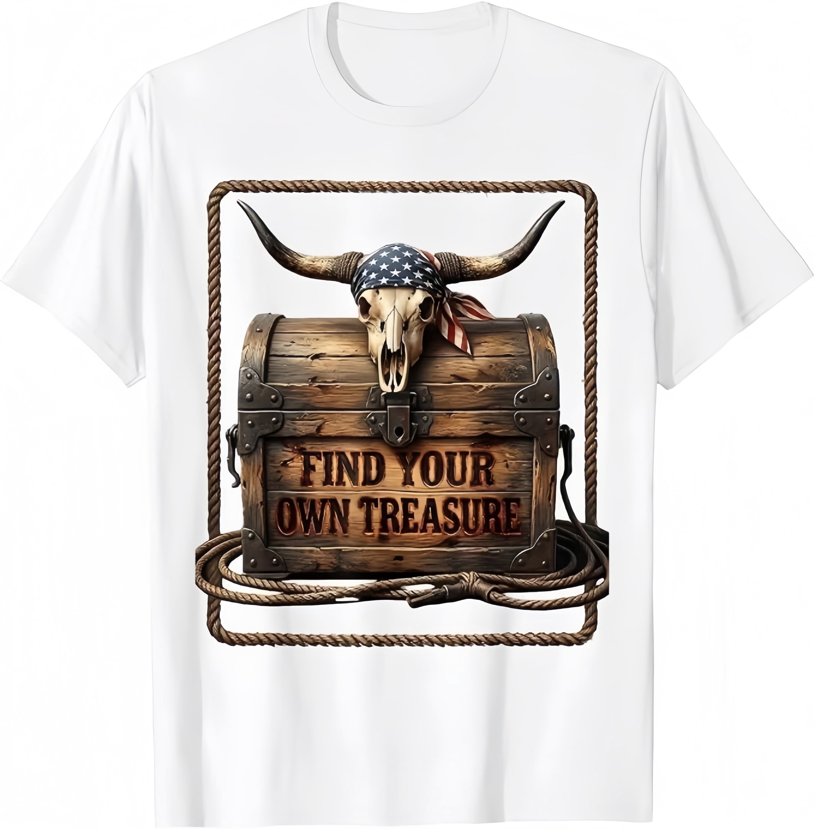 Unisex Western Cow Skull Treasure Chest Find Your Own Treasure American Flag Bandana Rope Frame Vintage Graphic Crew Neck Short Sleeve T-Shirt
