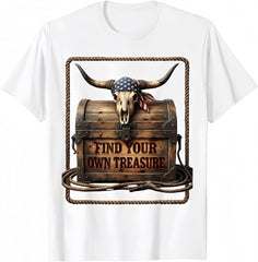 Unisex Western Cow Skull Treasure Chest Find Your Own Treasure American Flag Bandana Rope Frame Vintage Graphic Crew Neck Short Sleeve T-Shirt