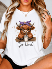 Fluffy Baby Highland Calf Print Tshirt Purple Bow Bandana Hearts Wooden Board Coffee Cup Positive Kindness Quote Crew Neck Top for Ladies Adults