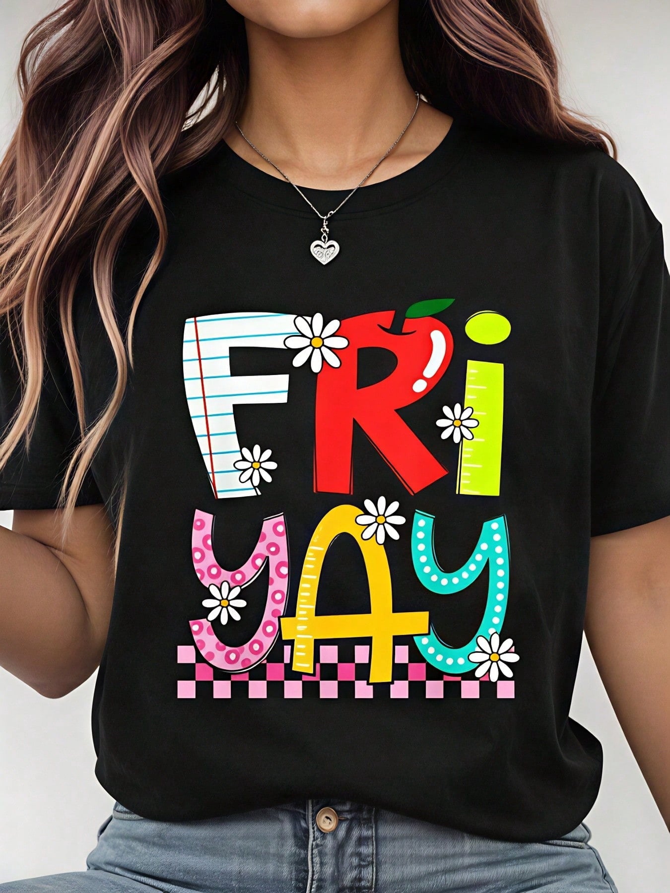 Friday, Women's T-Shirt, Colorful Letter Design With Flowers And Patterns, Pure Cotton T-Shirt, Casual Wear For Spring And Summer, Perfect For Weekend
