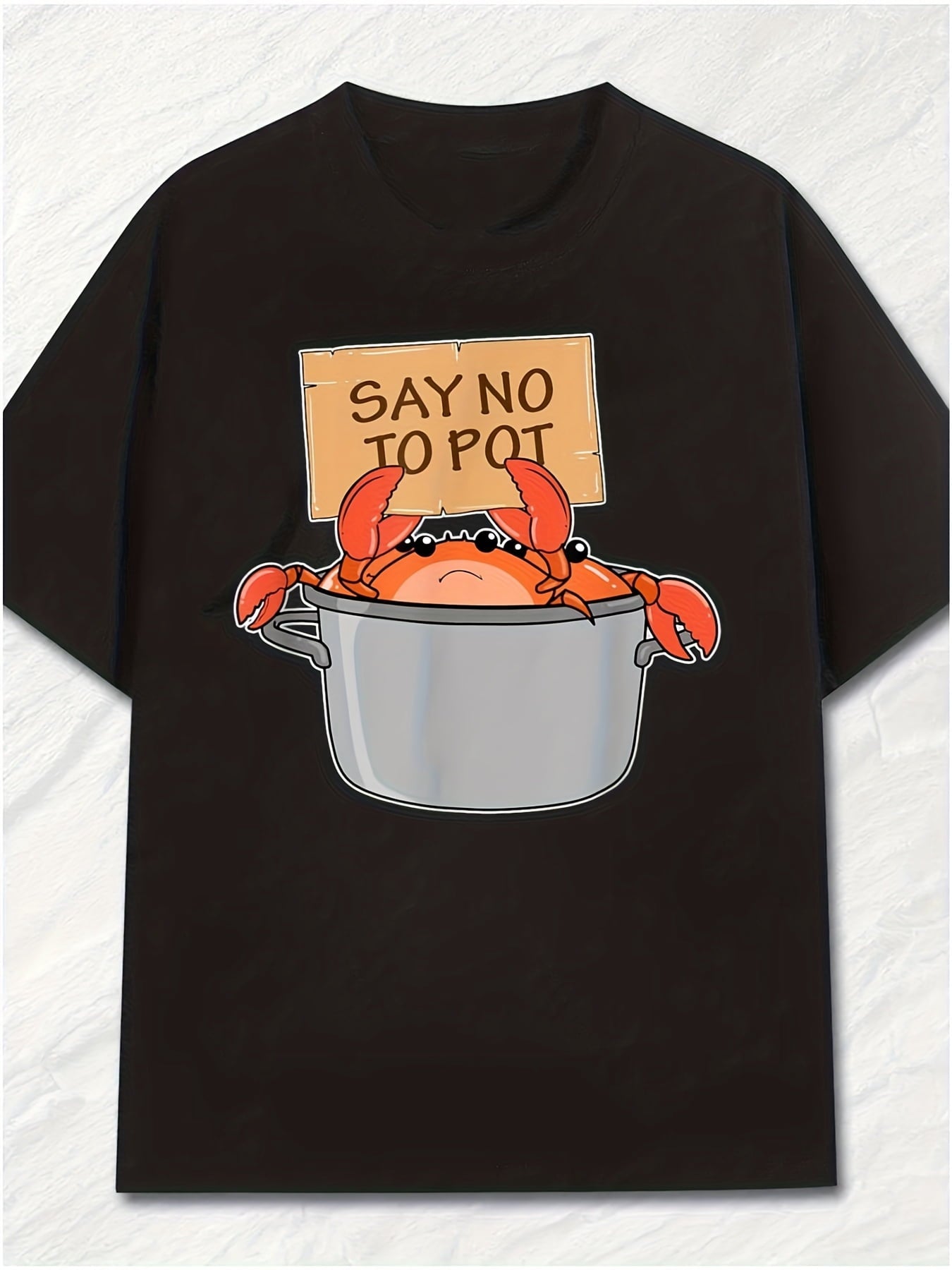 Funny Cartoon Crab Cooking Pot Graphic Short Sleeve T-Shirt, Unisex Crew Neck Cotton Tee, All Season Casual Humour Top, Novelty Gift For Seafood Enthusiasts And Food Lovers
