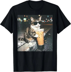 Funny Cat Drinking Iced Coffee Funny Cat Lover Animal Meme T-Shirt