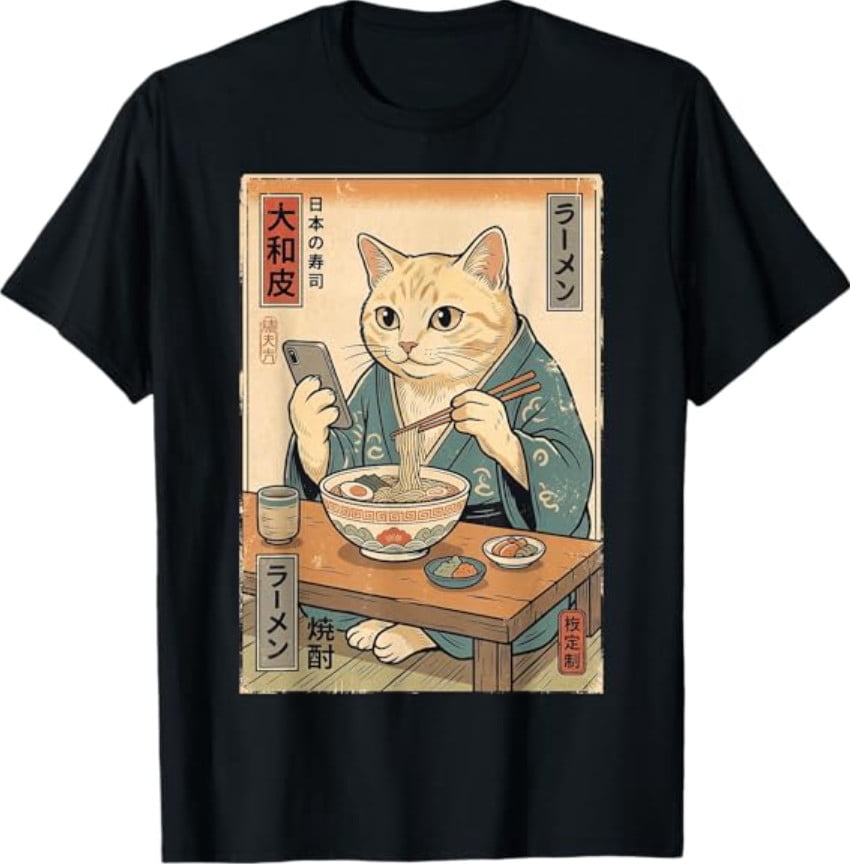 Funny Cat Eating Ramen Retro Japanese T-Shirt