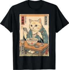 Funny Cat Eating Ramen Retro Japanese T-Shirt