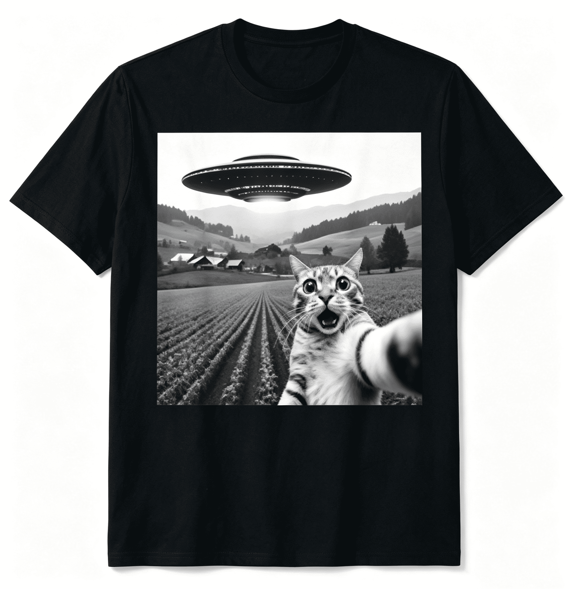 Funny Cat Graphic T-Shirt, Retro UFO Selfie Print Short Sleeve Tee for Men Women, Casual Alien Theme Shirt