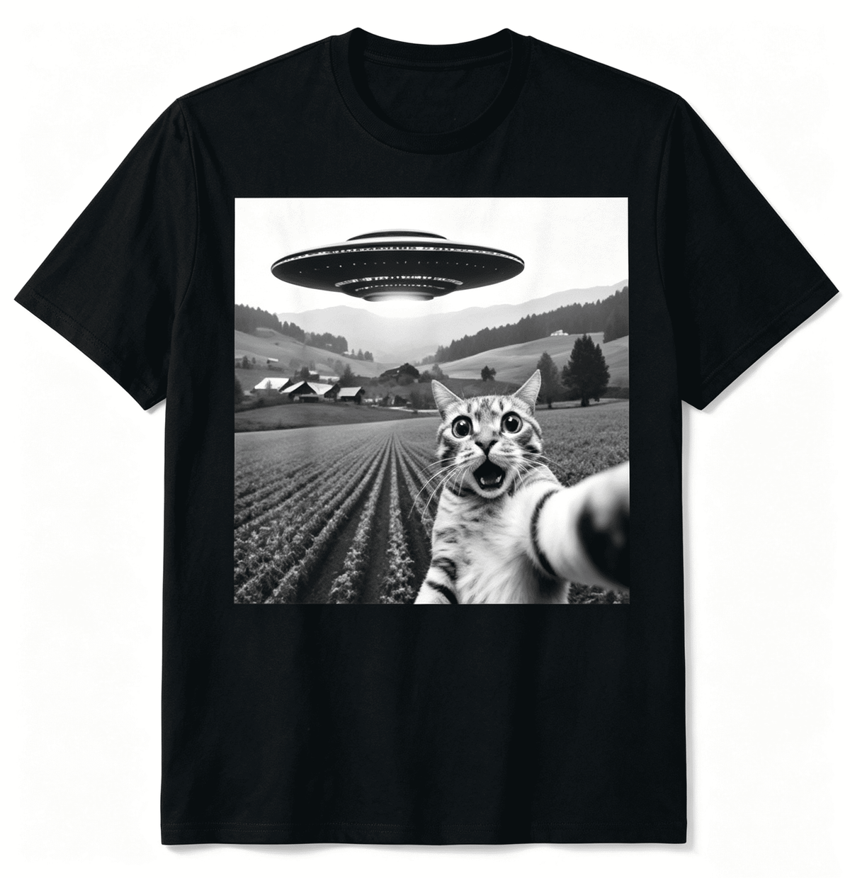 Funny Cat Graphic T-Shirt, Retro UFO Selfie Print Short Sleeve Tee for Men Women, Casual Alien Theme Shirt