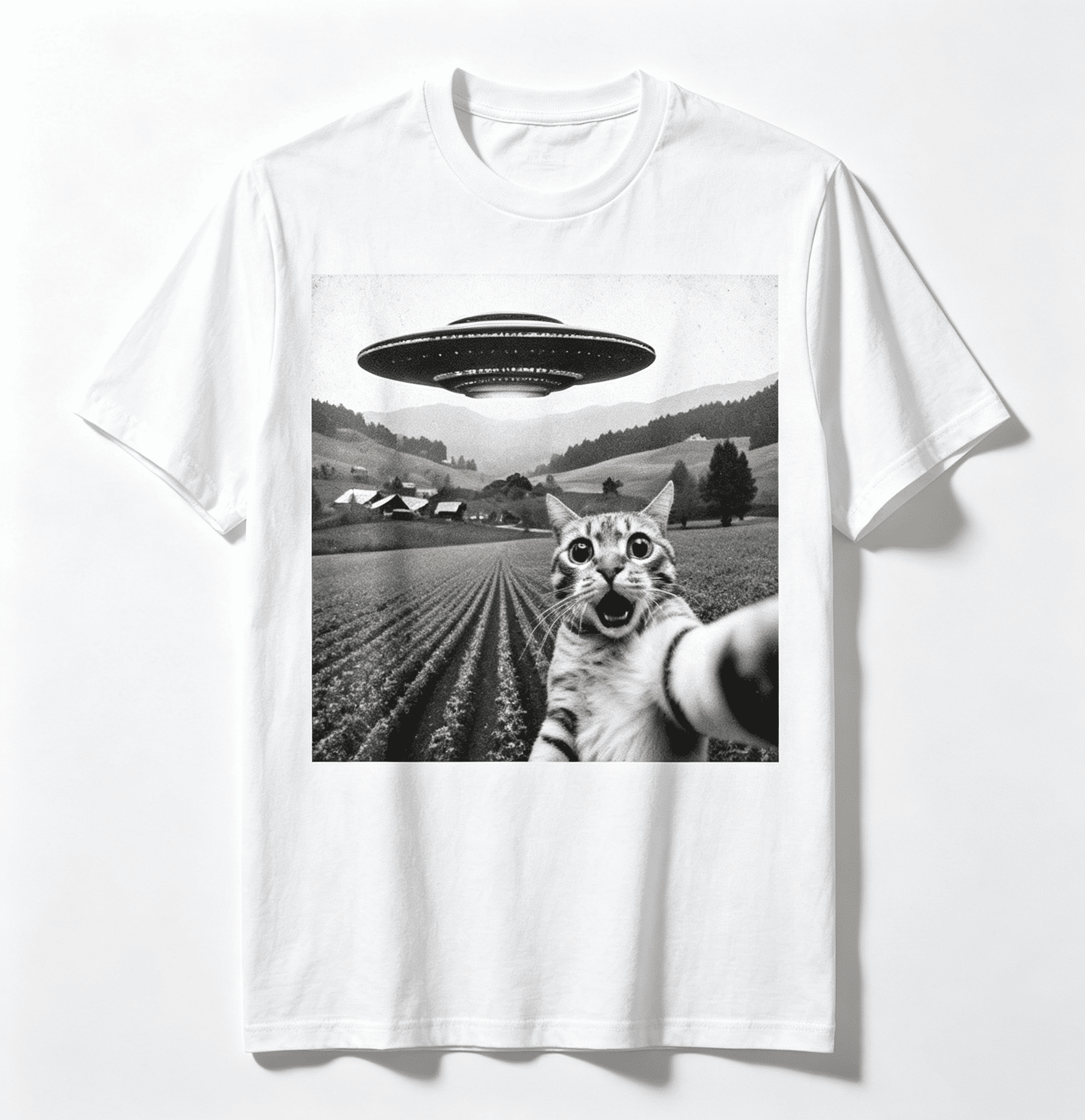 Funny Cat Graphic T-Shirt, Retro UFO Selfie Print Short Sleeve Tee for Men Women, Casual Alien Theme Shirt
