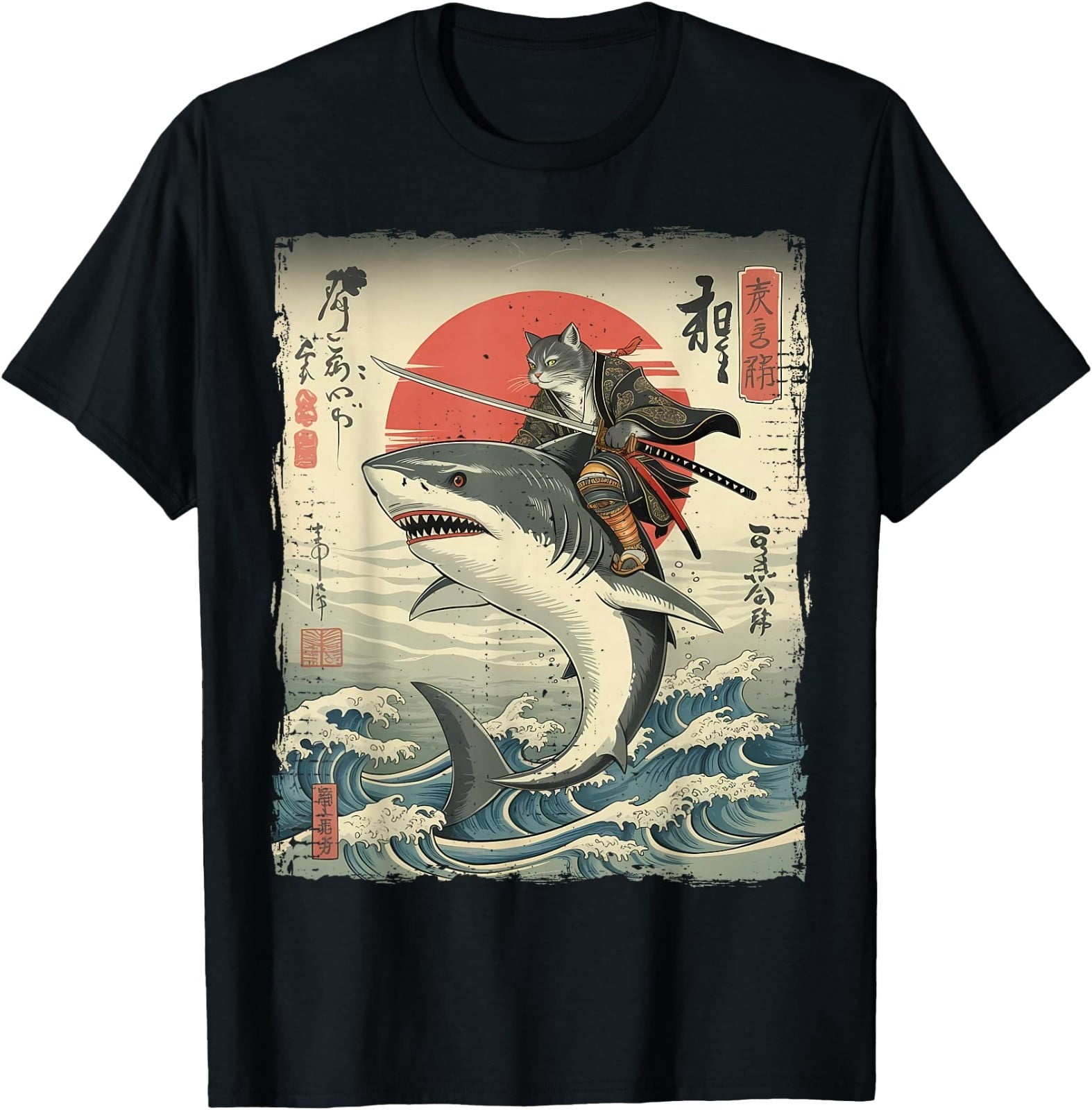 Funny Cat Riding Shark Japanese Ukiyo-e Art Samurai Cat T-Shirt