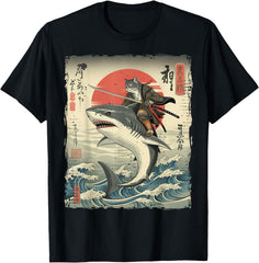 Funny Cat Riding Shark Japanese Ukiyo-e Art Samurai Cat T-Shirt