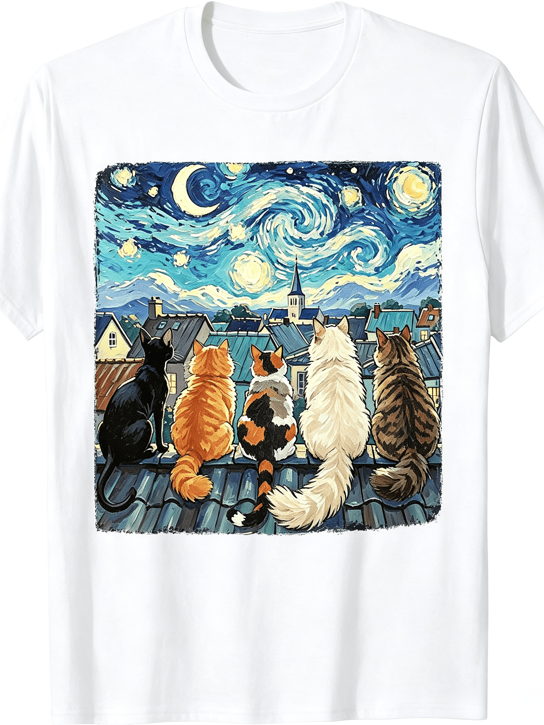 Funny Cat Starry Night Van Gogh Cats Rooftop Scene Feline Funny Crew Neck Tee with Stylish Print Casual Travel Clothing for Fashion Enthusiasts Ideal
