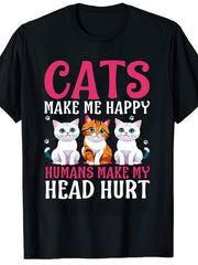 Funny Cats Make Me Happy Humans Make My Head Hurt Graphic Tee for Men Women, Funny Cat Lover Short Sleeve T-Shirt, Casual Crew Neck Top for Daily Wear