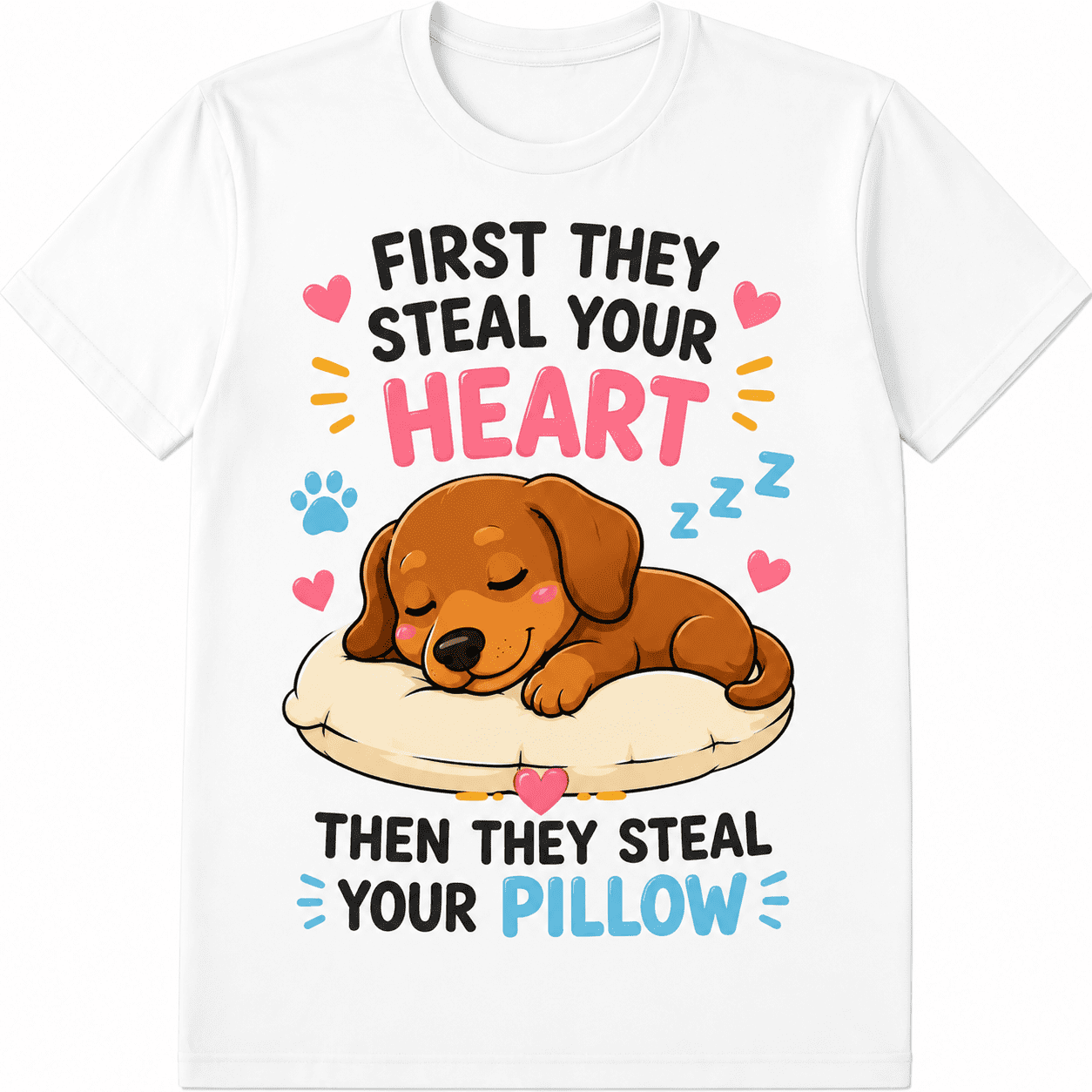 Funny Dog Graphic T-Shirt for Men Women, First They Steal Your Heart Then They Steal Your Bed Cute Sleeping Puppy Meme Tee, Pet Lover Gift Casual Wear