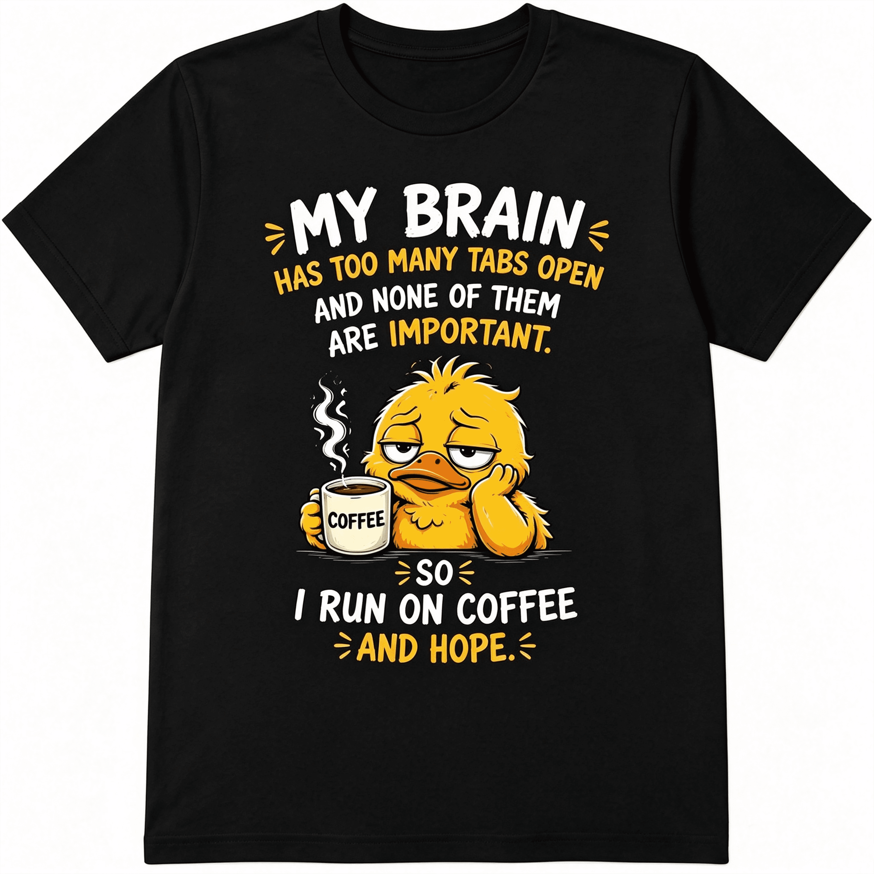 Funny Duck Coffee T-Shirt for Men Women, Cute Meme Graphic Tee “My Brain Has Too Many Tabs Open” Humorous Duck Lover Gift Casual Everyday Shirt