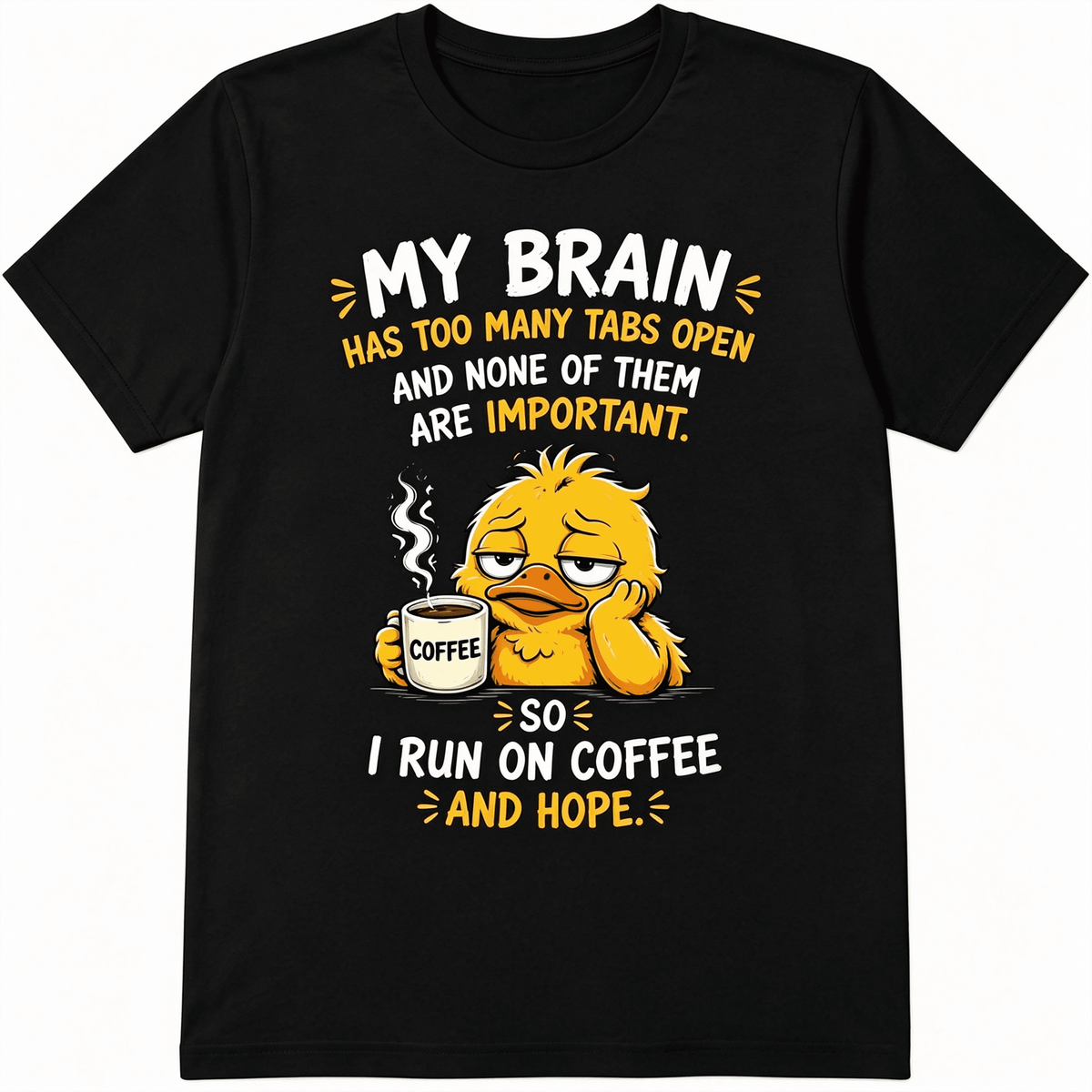 Funny Duck Coffee T-Shirt for Men Women, Cute Meme Graphic Tee “My Brain Has Too Many Tabs Open” Humorous Duck Lover Gift Casual Everyday Shirt