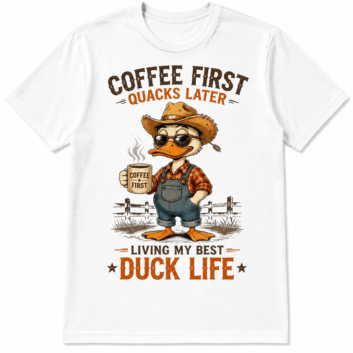 Funny Duck Life Graphic T-Shirt for Men Women, Coffee First Quacks Later Country Duck Tee, Vintage Farm Animal Casual Short Sleeve Shirt