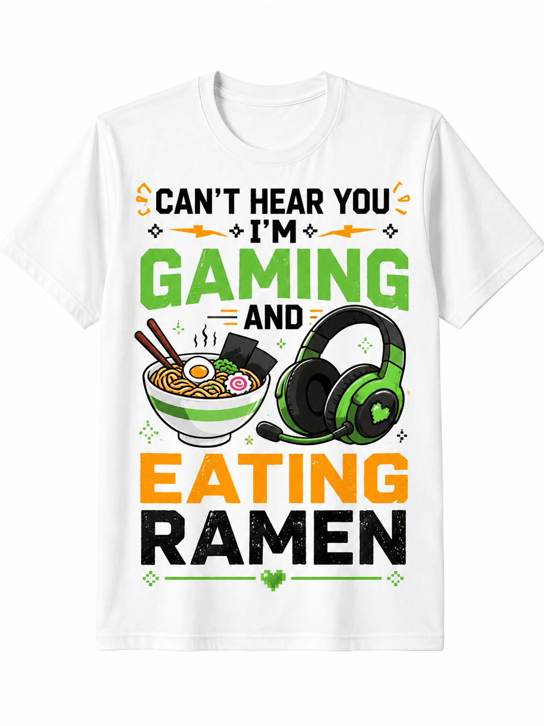 Funny Gamer Ramen T-Shirt for Men Women, Can't Hear You I'm Gaming and Eating Ramen Graphic Tee, Video Game Noodle Lover Short Sleeve Casual Cotton Shirt, Unisex Gift