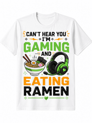 Funny Gamer Ramen T-Shirt for Men Women, Can't Hear You I'm Gaming and Eating Ramen Graphic Tee, Video Game Noodle Lover Short Sleeve Casual Cotton Shirt, Unisex Gift