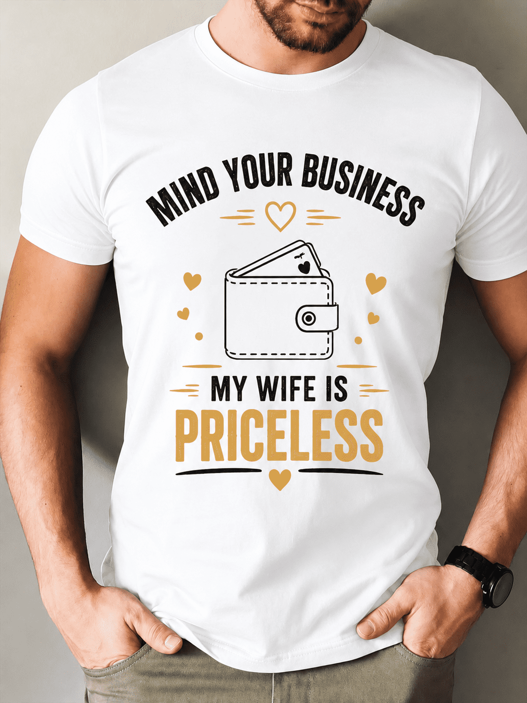 Funny Gift for Husbands Graphic T-Shirt, "My Wife Is Priceless" Novelty Quote Tee, Men's Casual Short Sleeve Crew Neck Shirt