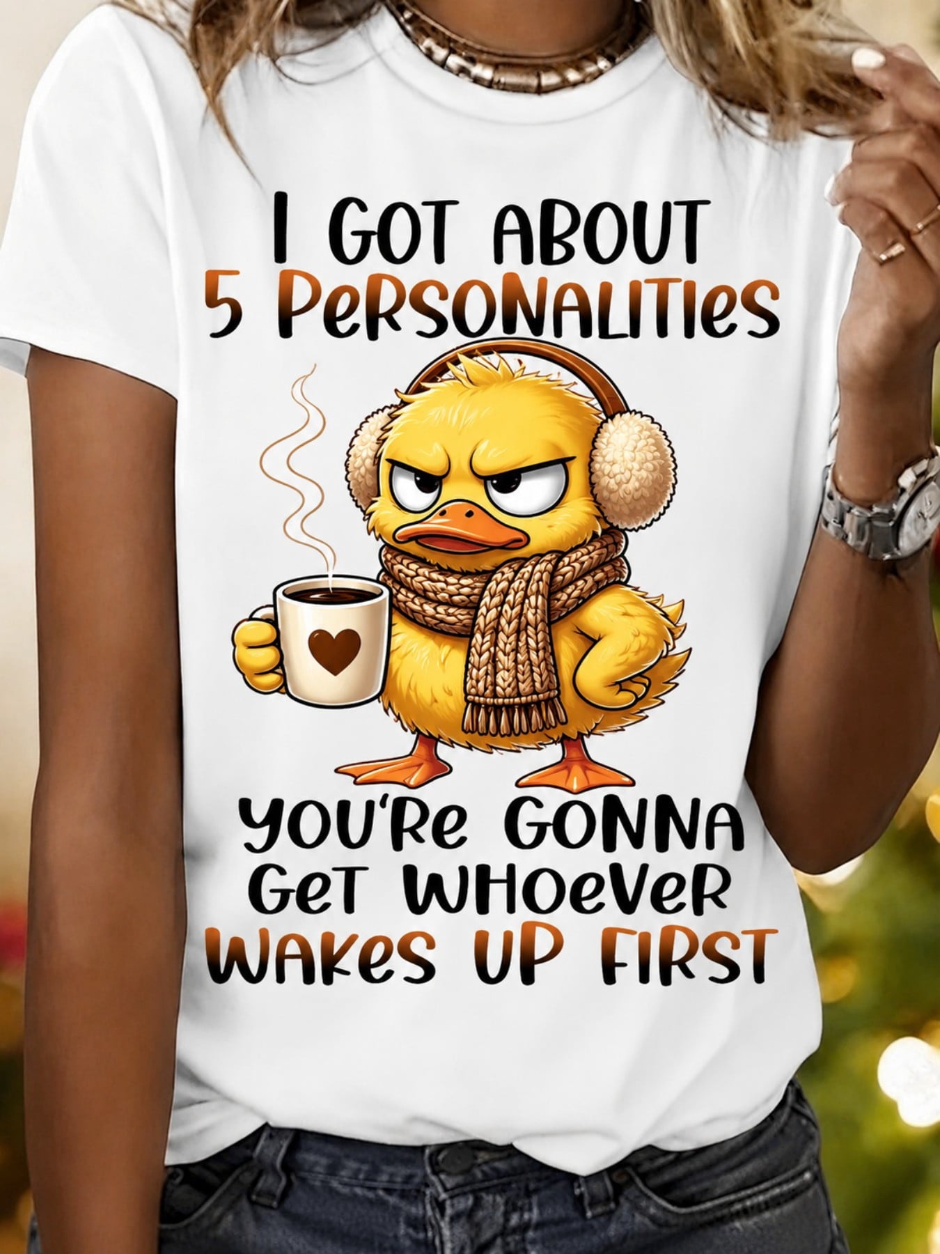 Funny Grumpy Duck Graphic T-Shirt for Women, Cartoon Coffee Lover Crew Neck Short Sleeve Casual Tee, Cute Humor Everyday Top