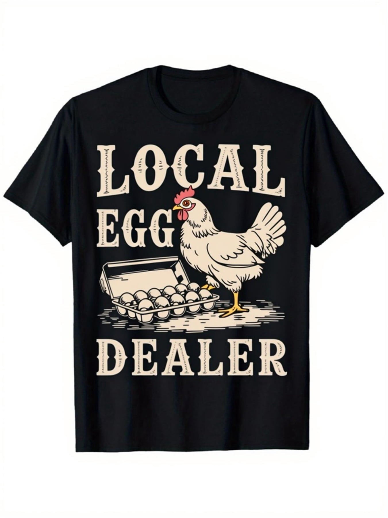 Funny Local Egg Dealer Chicken Graphic T-Shirt for Men and Women, Backyard Chicken Lover Farm Tee, Vintage Hen and Egg Print Casual Crew Neck Short Sleeve Shirt, Homestead Farmer Gift
