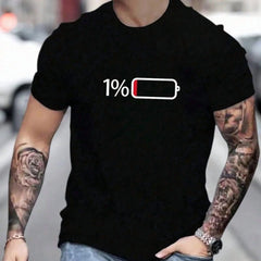 Funny Low Battery 1% Graphic T-Shirt for Men and Women, Minimalist Energy Level Print Casual Crew Neck Short Sleeve Tee, Novelty Humor Graphic Shirt